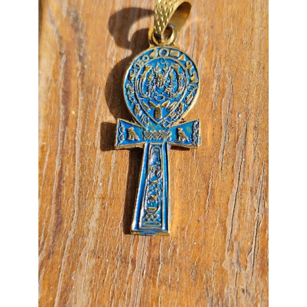 Handmade Egyptian Ankh Pendant – Blue Enamel, God Ra & Amun Scene, Brass